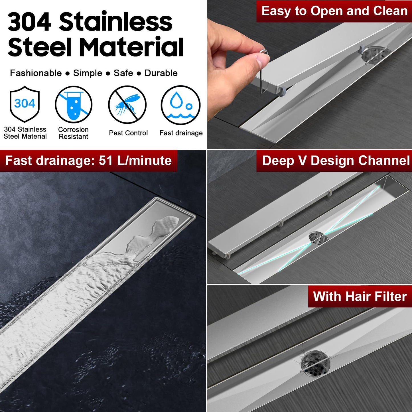 DLONE Linear Shower Drain | 24" AISI 304 Stainless Steel Linear Drain, Brushed Nickel Shower Drain with Tile Insert Panel & Adjustable Feet, Long Rectangle Shower Floor Drain in Bathroom, Balcony etc