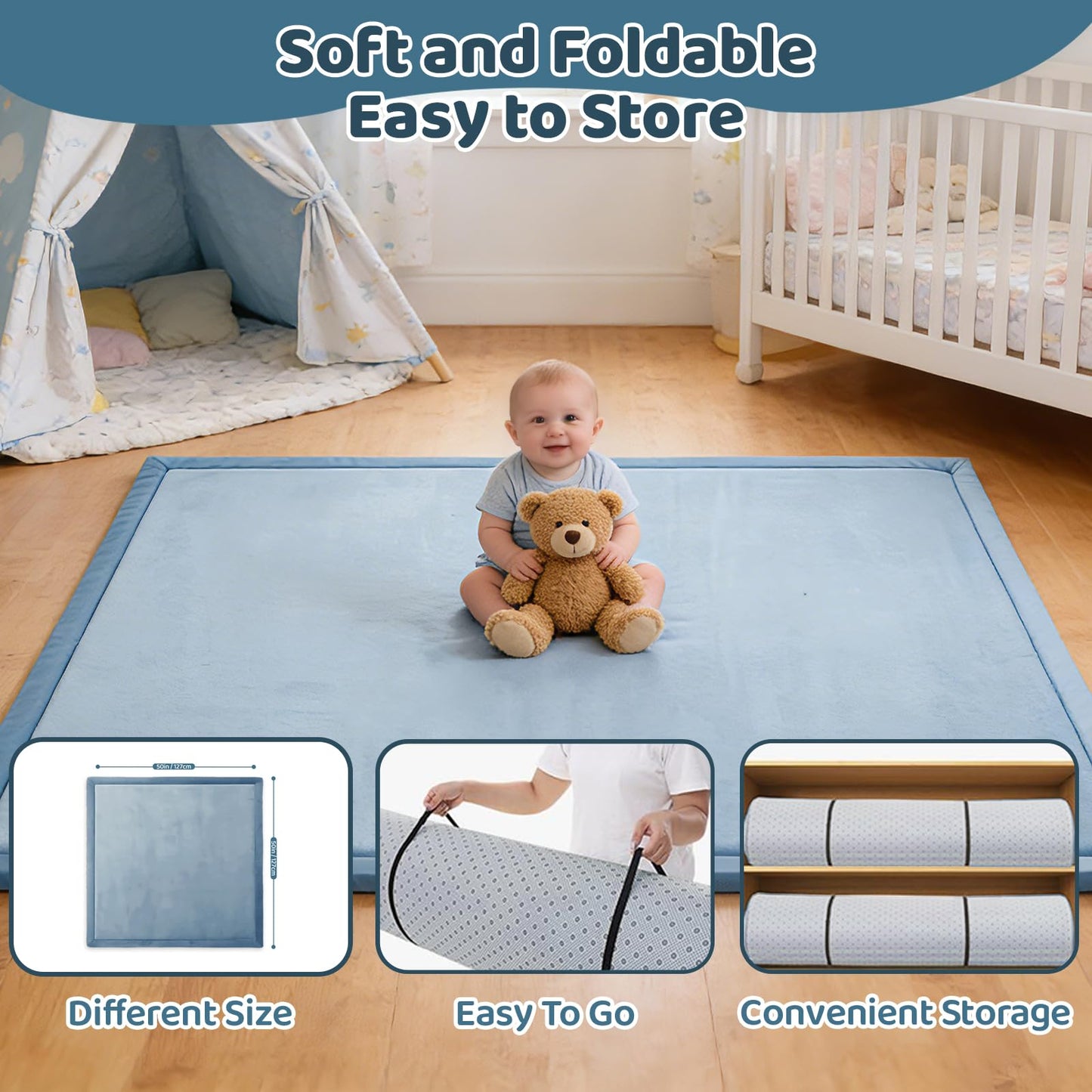 TreeBud Baby Play Mat for Floor, 1.3 Inch Thick Memory Foam Tummy Time Mat with Non Slip Backing, Soft Coral Velvet 59X71 Inch Playpen Mat Crawling Tatami for Infants Toddlers Kids, Midnight Blue
