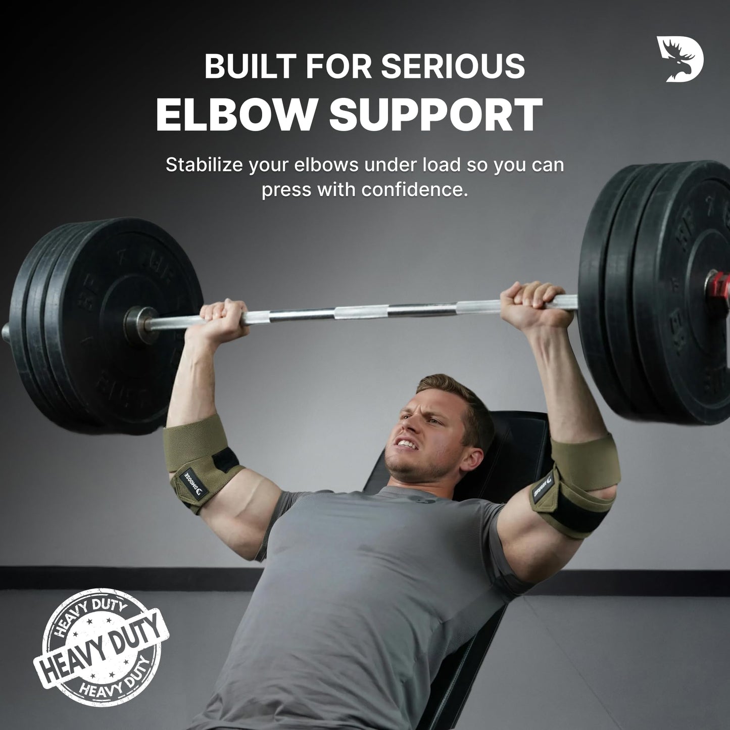 DMoose Fitness Elbow Wraps for Weightlifting (Pair) - 40'' Adjustable Elbow Strap for Gym Workout, Bench Press & Powerlifting - Compression Wraps for Tendonitis & Joint Support (Tan)