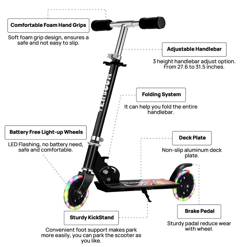 TENBOOM Scooter Toys for Kids Ages 6-12/3-5, Max Load 220 LBS, Foldable Lightweight Kick Scooter with Light Up Wheels, Kickstand, 3 Adjustable Levels, Rear Brake, Black