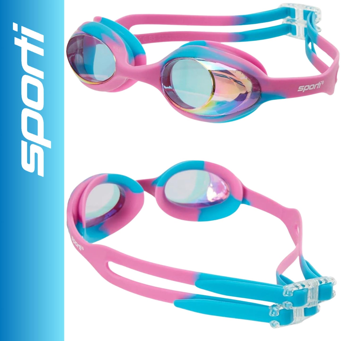 Sporti Unisex Junior Swimming Goggles, Swim Goggles for Kids, Safety for Pool, Beach, Anti Fog UV Protection, Variety Designs, Cabo Mirrored - Pink Mirror/Pink Lens/Pink Turquoise Multi Frame