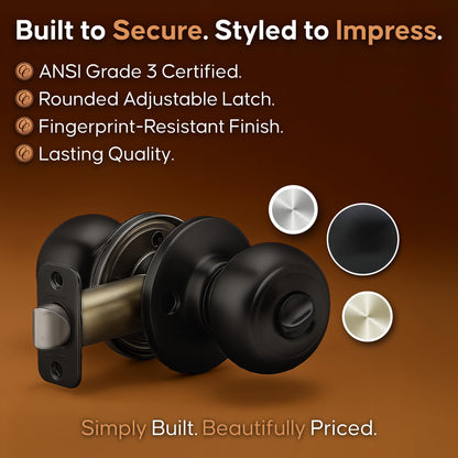 Copper Creek Privacy Interior Door Knob – ANSI Grade-3 Certified, Modern Heavy Duty Handle, Easy Install and Reversible for Bedroom, Bathroom and Closets – Matte Black (1 Pack)