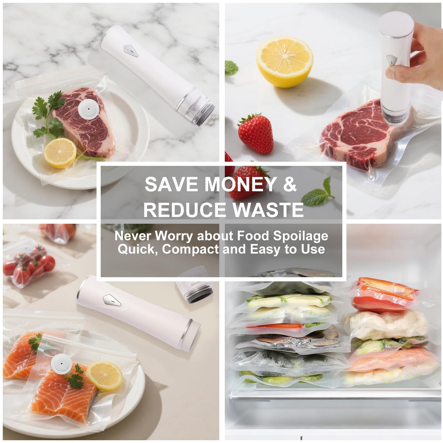 Compact Vacuum Sealer Machine for Food Storage, 5S Fast Seal Powerful Food Vacuum Sealer with 30PCS Reusable Vacuum Bags, Automatic Handheld Food Saver for Storage, 10X Fresh, Sous Vide, Gift etc.
