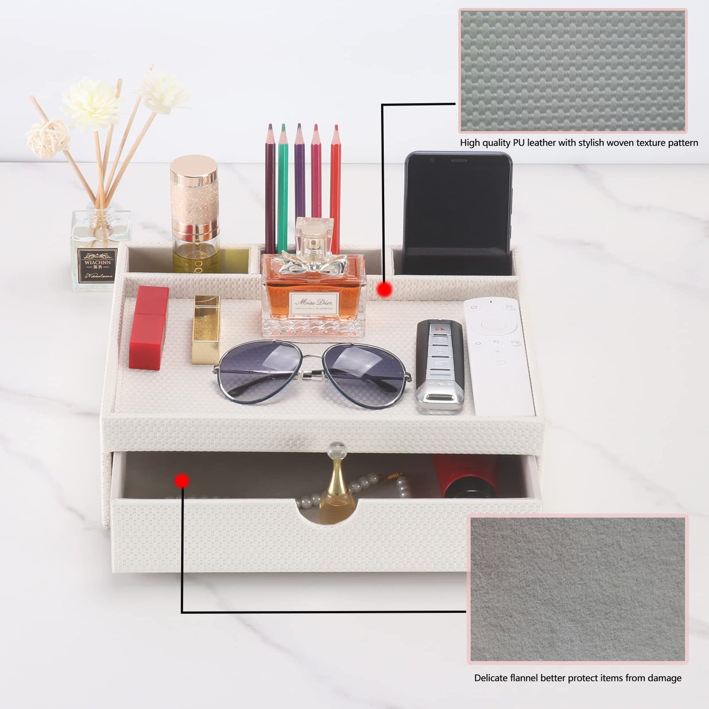 SYRWDXTX Leather Desk Organizer With Drawers, Home Cosmetics & Phone Remote Organizer, Drawer Plus Divider & Tray (white)