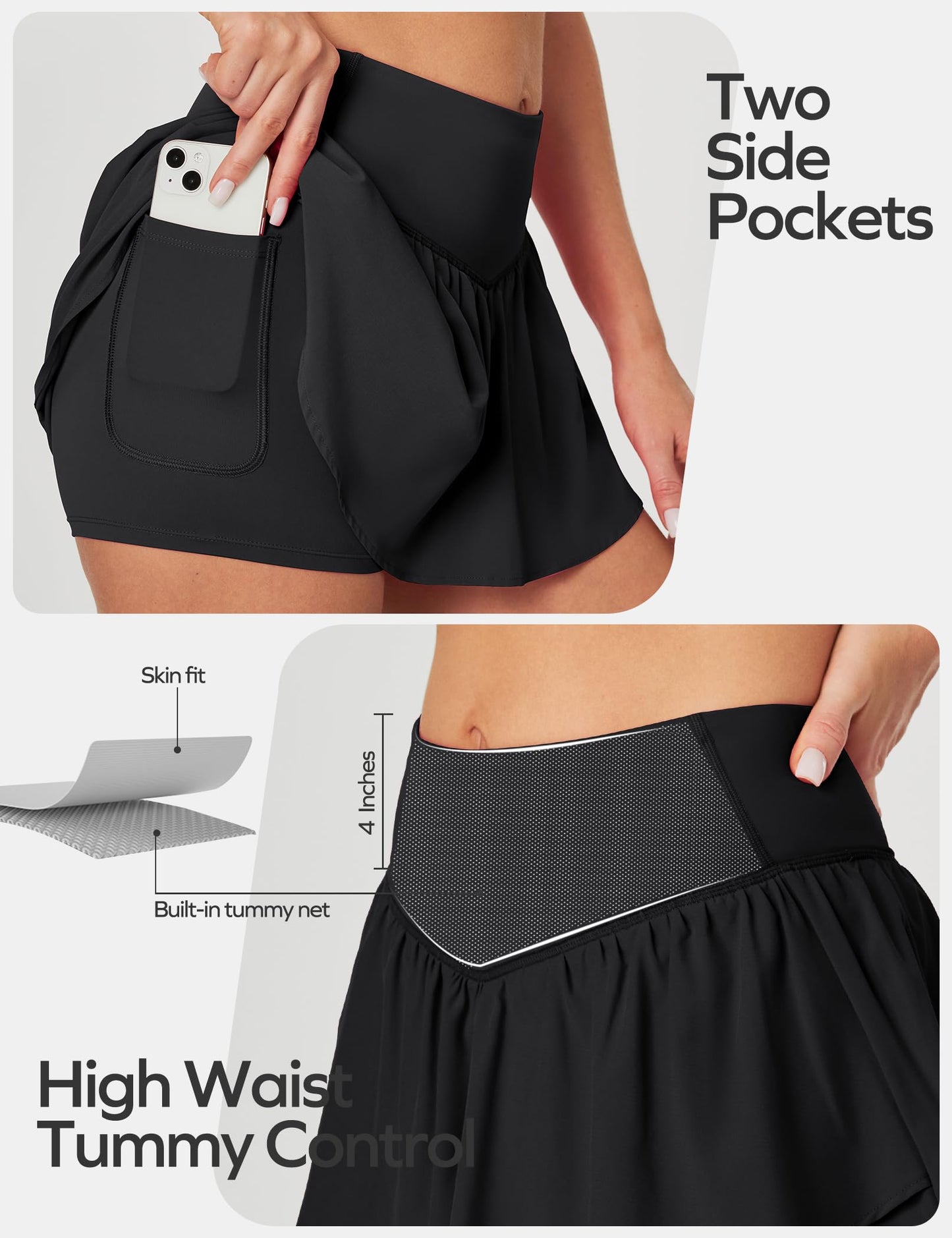 Ewedoos Womens Flowy Shorts with Pockets Tummy Control Athletic Shorts for Women Running Shorts Tennis Skirt Skort Black