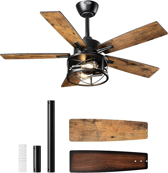 EDISHINE 42“ Farmhouse Ceiling Fans with Lights and Remote, 10%-100% Dimmable, 6 Speeds, Wood Blades, DC Reversible Motor, Timer, Noiseless, Small Rustic Ceiling Fan for Bedroom Living Room, UL Listed
