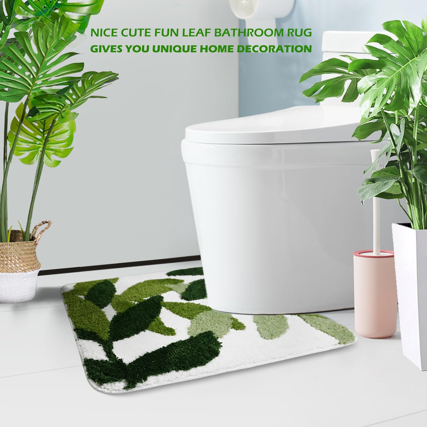 Baahrnom Tufted Toilet Rug 24" x 20" Green Toilet Rugs U Shaped Machine Washable Cute Leaves Toilet Bath Mat Soft Non Slip