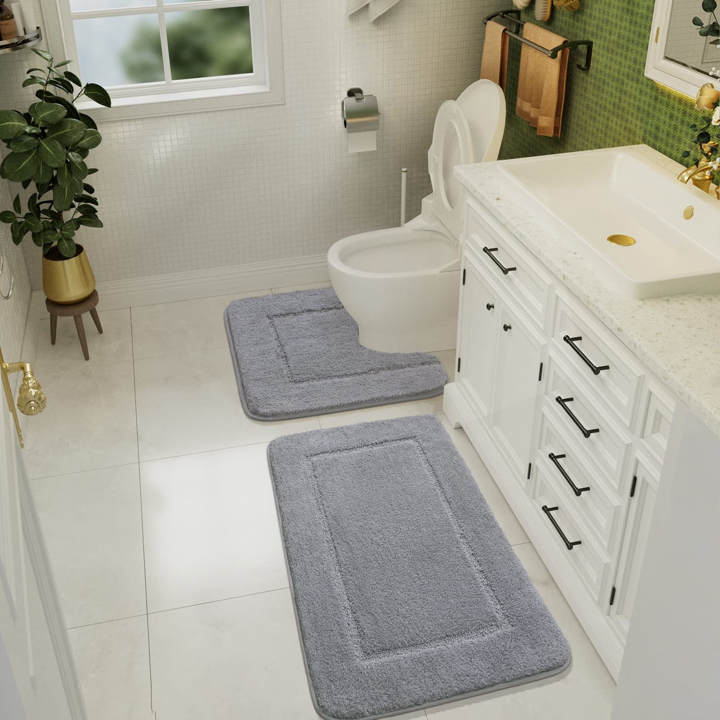 LOCHAS Bathroom Rug Set Light Grey, Soft Bath Rug Set 2 Piece, Toilet Mat U-Shaped 20x20 and 34x20 Bath Rugs, Quickly Dry Mats for Bathroom, Tub, Washable, Super Absorbent Floor Mat