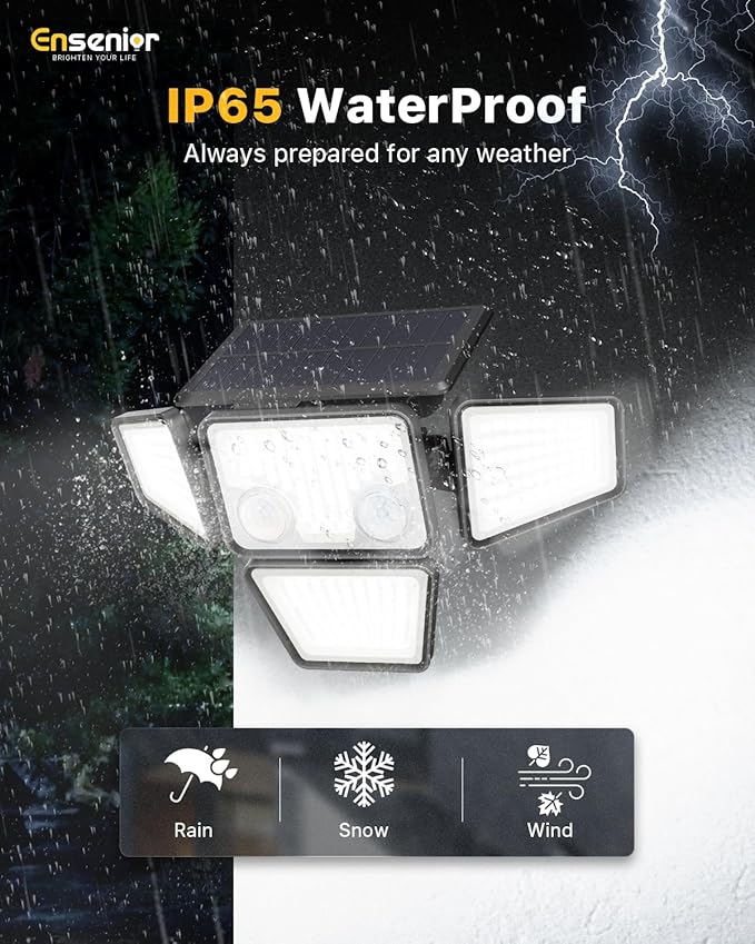 Ensenior Solar Lights Outdoor, IP65 Waterproof Motion Sensor Outdoor Light with Remote Control, 279 LED 4 Heads Solar Security Light with 4 Mode, 270° Wide Angle Solar Flood Light for Outside, 3 Packs