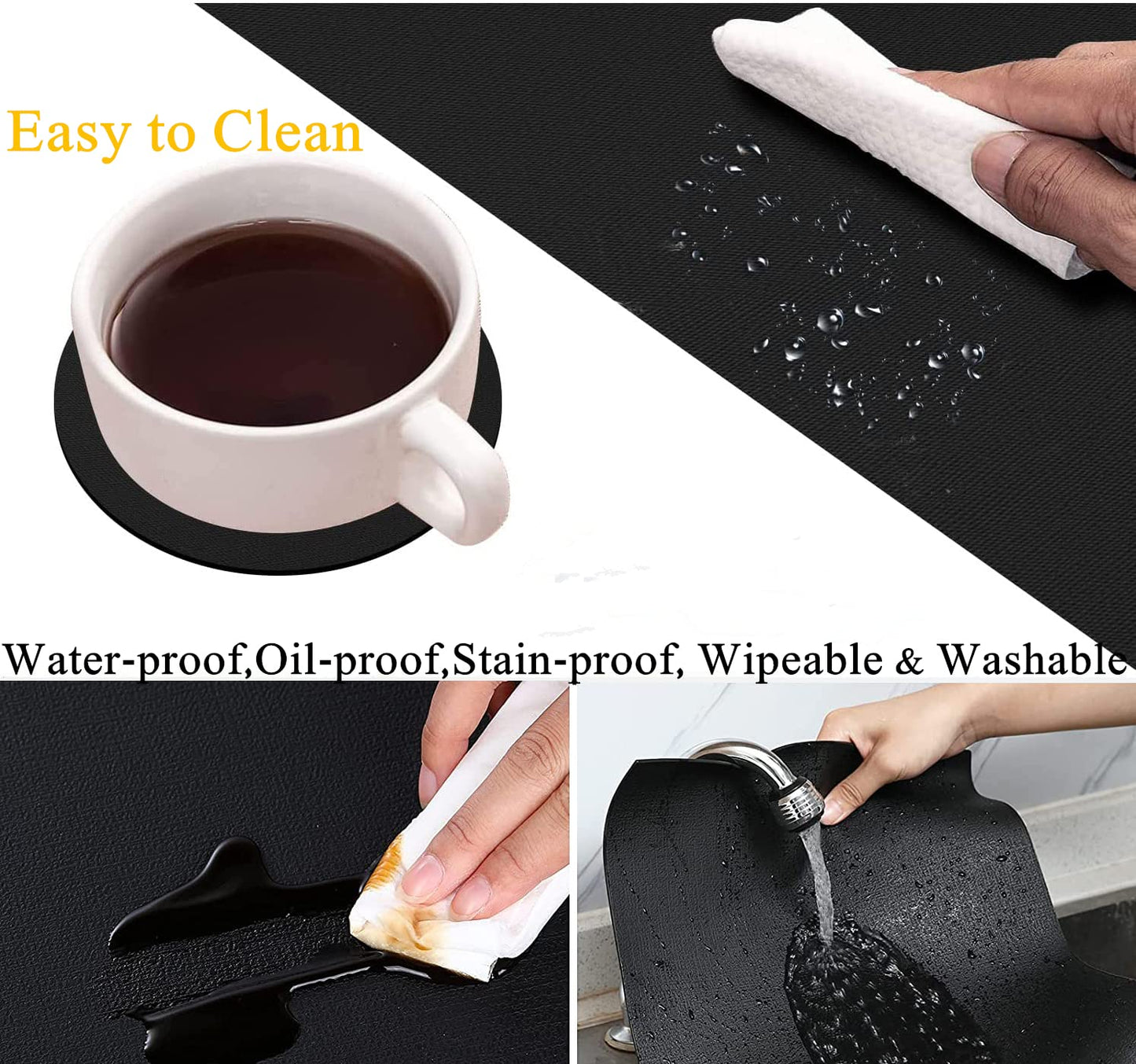 Abuzhen Faux Leather Placemats Set of 6, Place Mats with Coasters, Waterproof Wipeable Washable PU Table Mats for Dining Table and Decor, Easy to Care, Anti-Slip Place Mats (Set of 6, Rectangle Black)