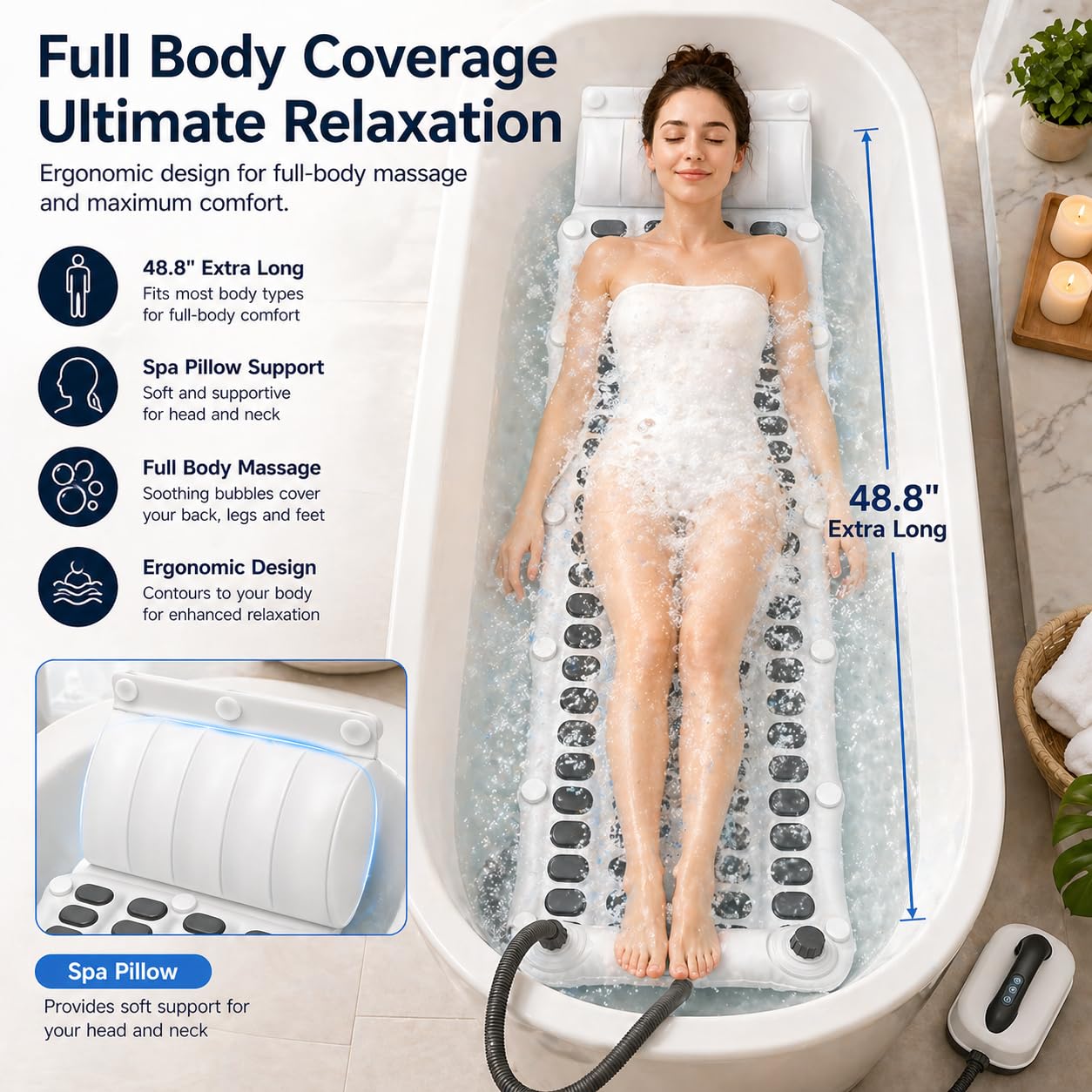 Spa Bubble Bath Mat with Remote,6-Speed Adjustable Bubbles & Non-Slip Suction Cups,Full Body Waterproof Bubble Mat for Bathtub to Relieve Muscle Fatigue, Stress & Improve Circulation