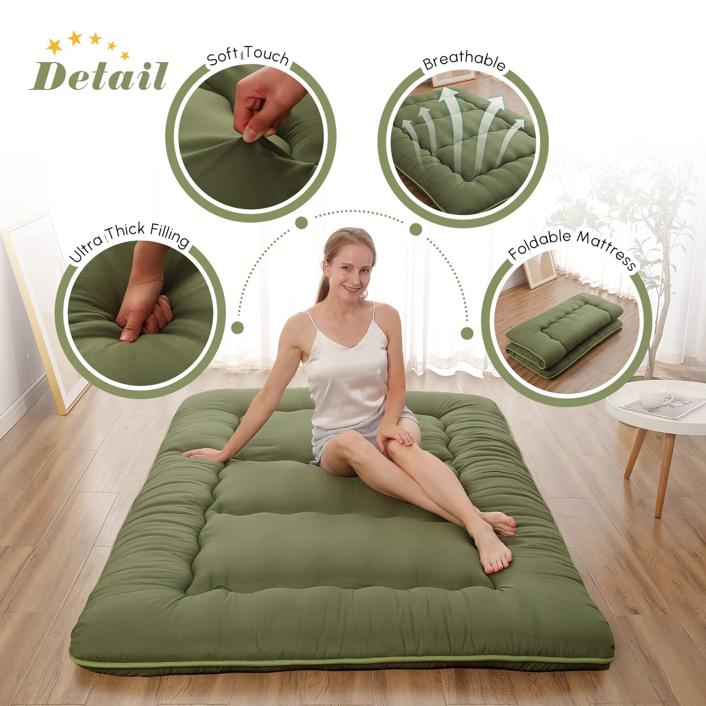 Zelladorra Japanese Floor Mattress, Futon Mattress with Portable Storage Bag and Washable Cover, Roll Up Thick Tatami Mat Suitable for Camping, Guest Room, Green, Twin