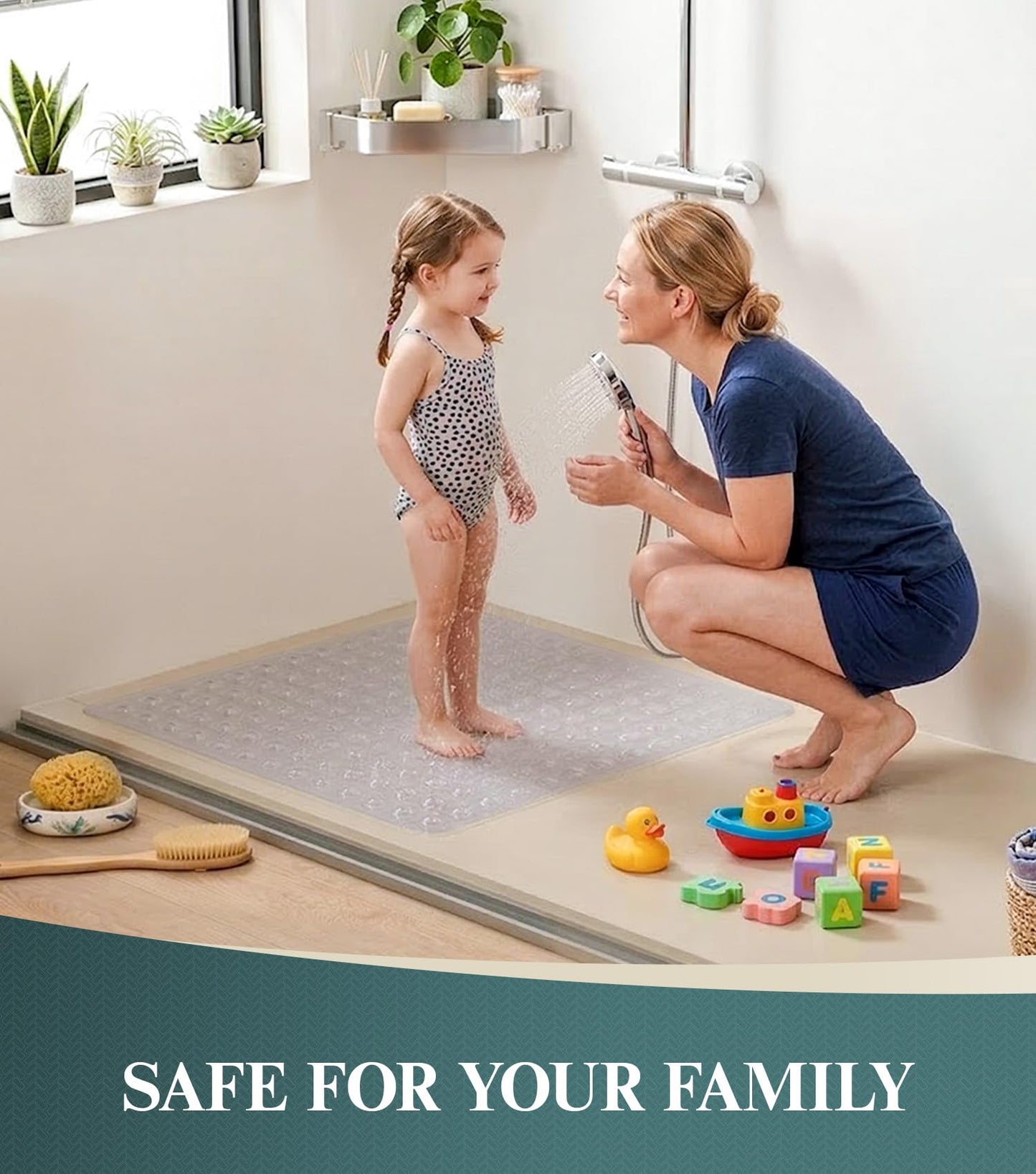 HITSLAM 21x21 Inch Square Shower Mat Non Slip, Anti Slip Bathtub Mat with Strong Suction Cups & Drainage Holes, Machine Washable Bathroom Floor Mat for Inside Shower Stall and Tub, Clear
