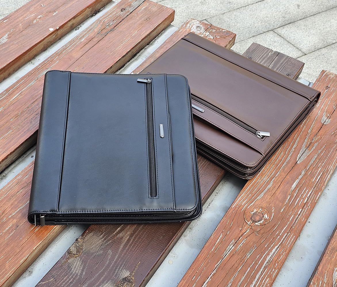 14" Laptop Briefcase, Vegan Leather Portfolio with Zipper Compartments x 2, A4 Papers Holder Padfolio Organizer, Brown