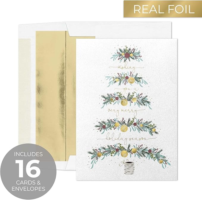 Between The Branches Gold Foil Holiday Cards / 16 Boxed Christmas Cards With Foil Lined Envelopes / 5 5/8" x 7 7/8" Folded Seasonal Winter Tree Greeting Cards With Inside Verse