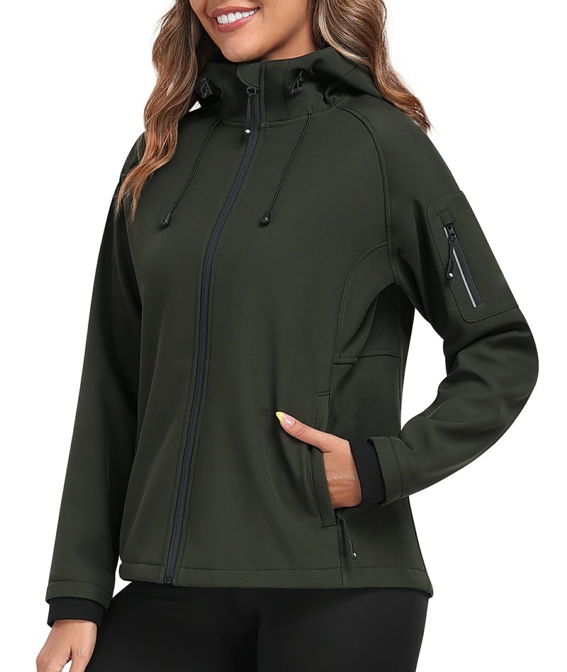 MoFiz Women's Fleece Lined Softshell Jacket Hooded Windproof Lightweight Insulated Jacket Full Zip Warm Coat Army Green M