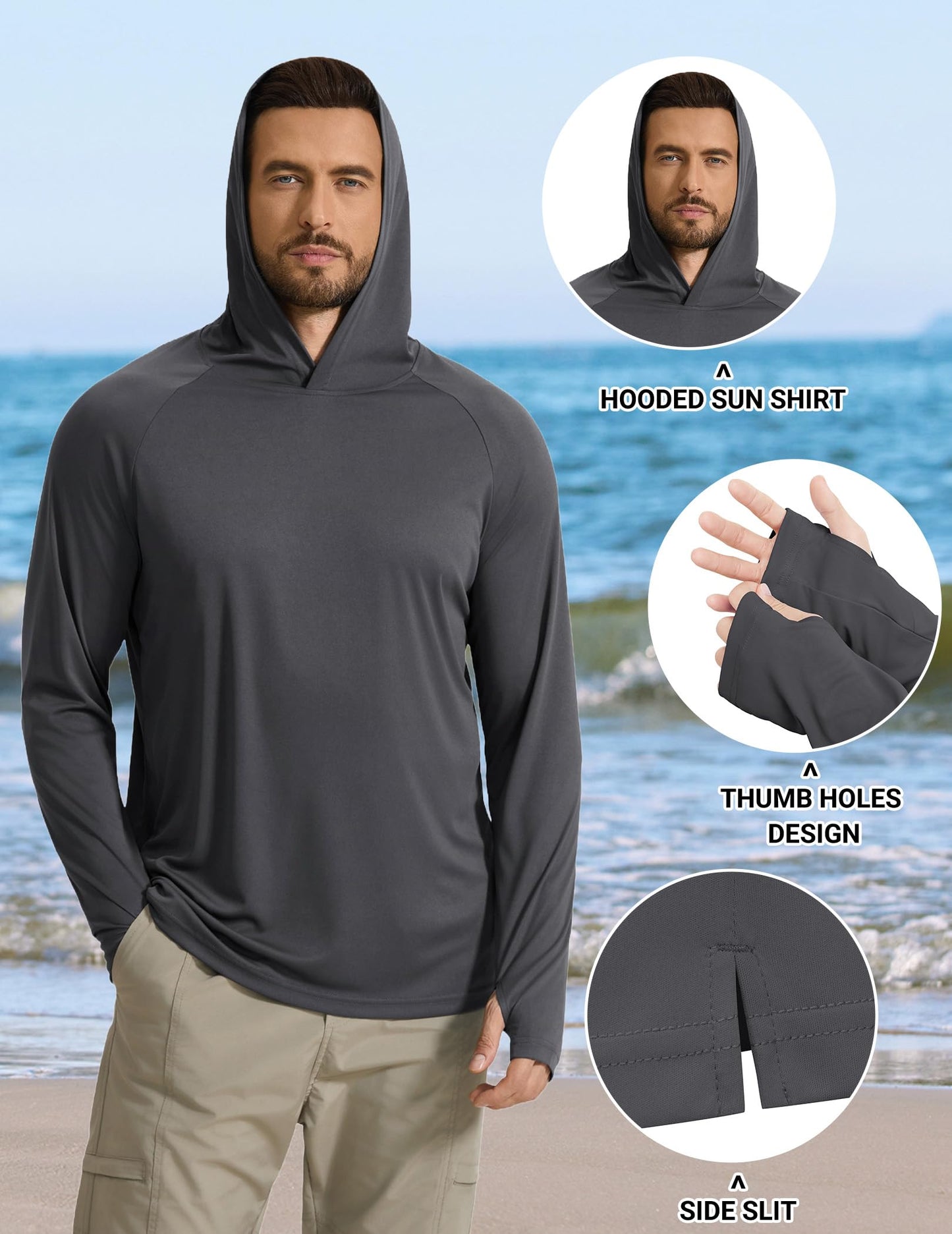 COOFANDY SPF 50+ Fishing Shirts for Men Long Sleeve Sun Protection Hoodie Lightweight Outdoor Hiking Running Rash Guard Dark Gray