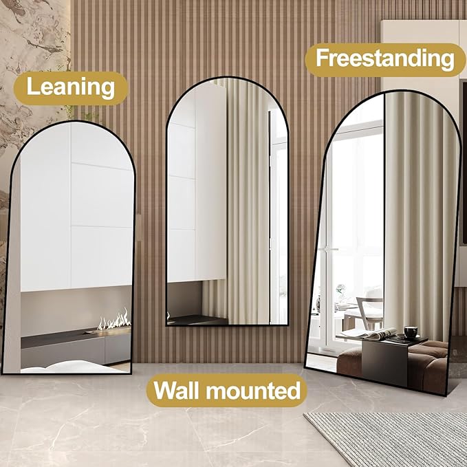 Arched Full Length Mirror, 70"x26" Free Standing Floor Mirror, Modern Full Body Mirrors with Stand, Wall Mirrors with Aluminum Alloy Frame for Bedroom,Living Room, Black