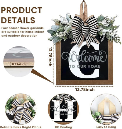 Ultra Large 14'' Last Name All Year Round Front Door Wreath with 26 Initial Letter Welcome Sign All Seasons Eucalyptus Garland and Bow Wreaths for Front Door Porch Farmhouse Decoration (C)