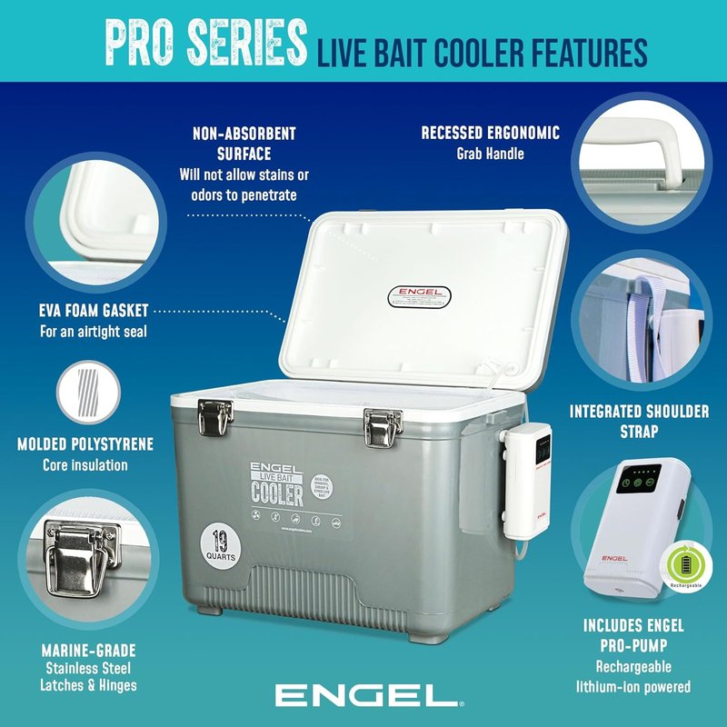 ENGEL Live Bait Cooler PRO - Portable Fishing Minnow Bucket with Rechargeable Aerator | 30 Quart Capacity
