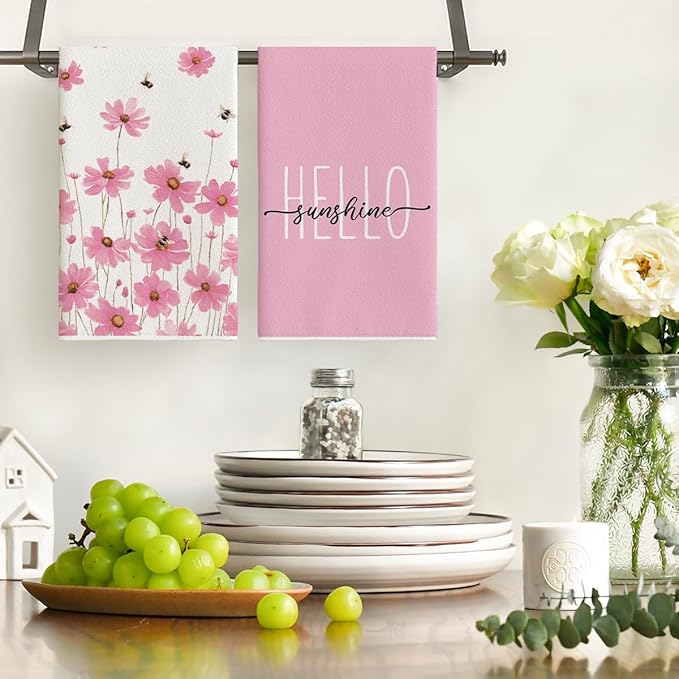 Artoid Mode Pink Flowers Bee Hello Sunshine Spring Kitchen Towels Dish Towels