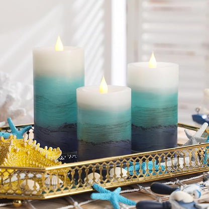 Baquler 3 Pcs Blue Teal Coastal Beach Pillar Candles Flameless LED Ocean Gradient Candles Battery Operated Decorative Flickering Candlestick for Wedding Home Seaside Nautical Party Decor