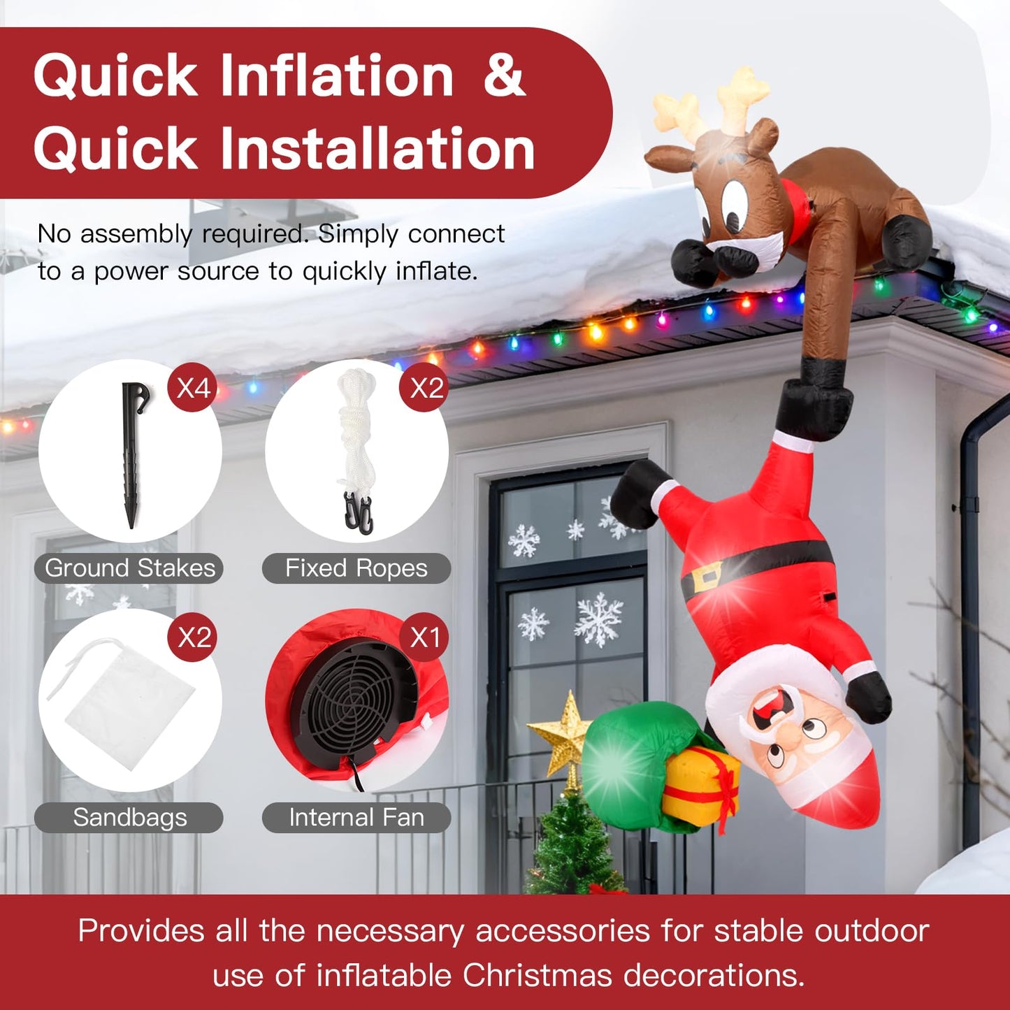 8FT Hanging Christmas Inflatables Decorations Outdoor，Blow Up Christmas Reindeer and Climbing Santa Claus with Built-in LEDs Lights for Indoor Holiday Party Yard Garden Lawn Décor