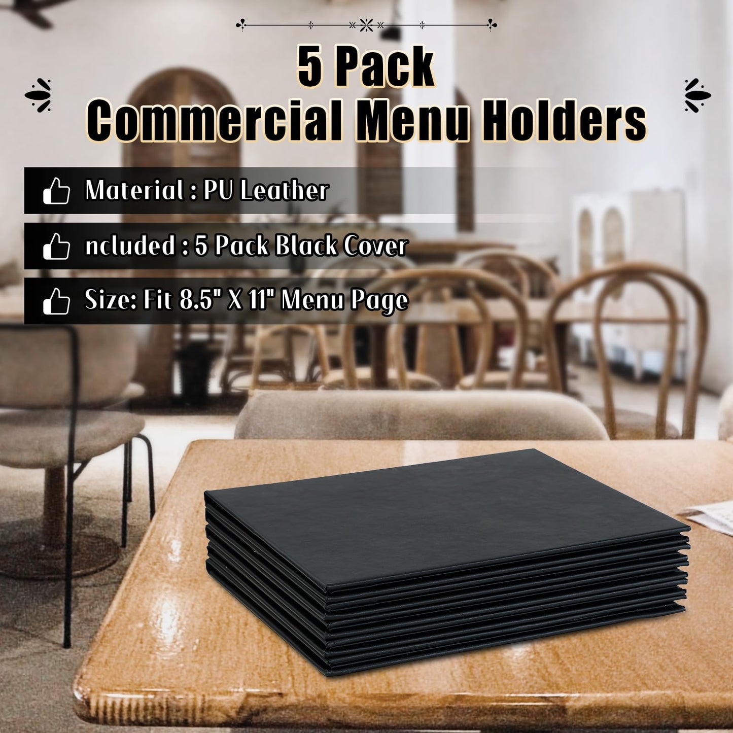 FLKQC Restaurant Menu Covers Holders 8.5 X 11, 5 Pack Synthetic Leather Menu Holder Covers Book Style with Angled Corners Black for Wine List, Certificate Organizer Diploma Holder (3 Page 4 View)