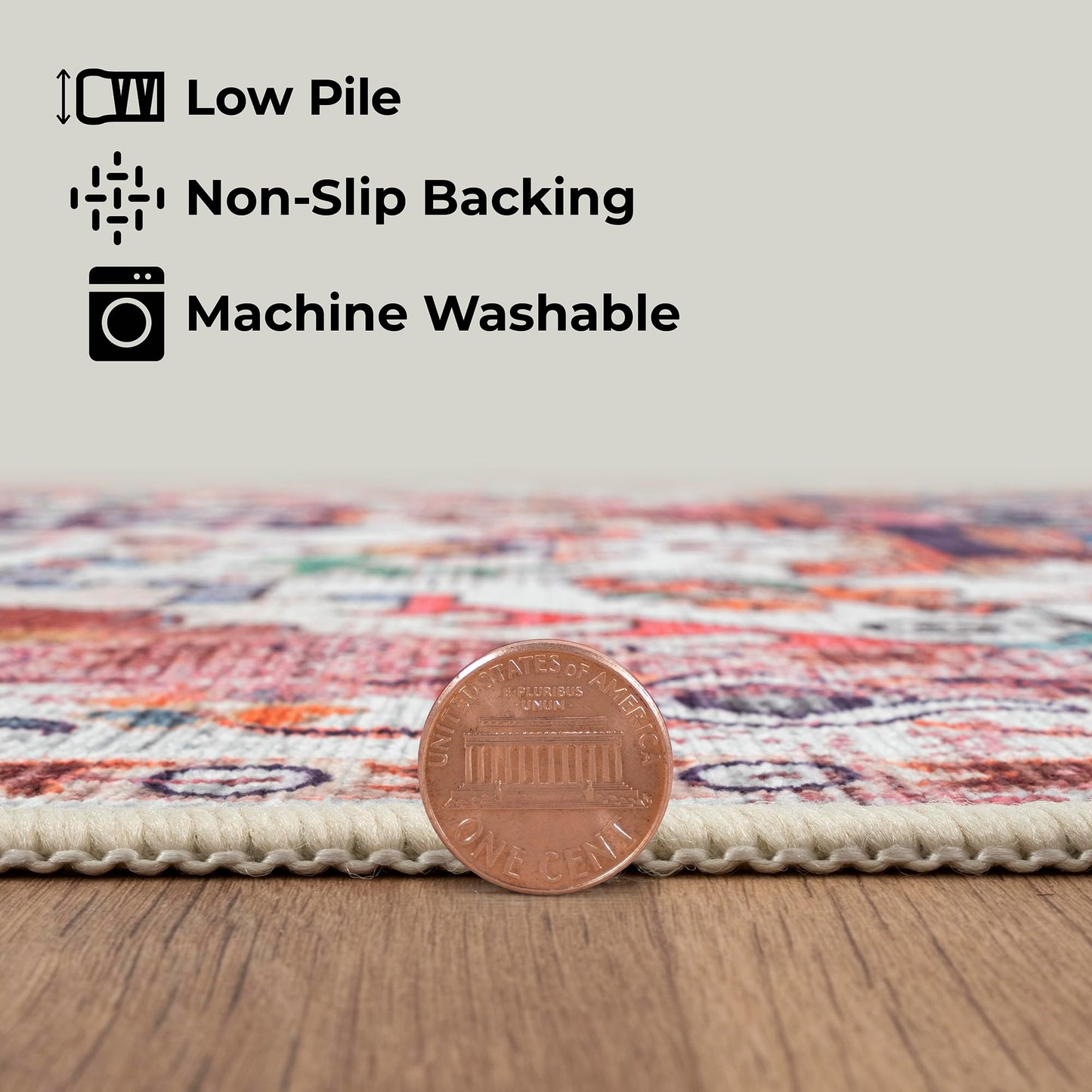 GLN Rugs Bohemian - Serik - Machine Washable Area Rug, Boho Washable, Non Slip, Low Pile Chenille Area Rug, Living Room, Bedroom, Kitchen Rug - Easy Clean (6' x 9' Pink/Multicolor)