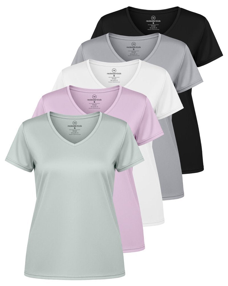 Real Essentials 5 Pack: Women's Dry-Fit Short Sleeve V Neck T Shirt Workout Fitness Yoga Top Tee, Set 9, XXL