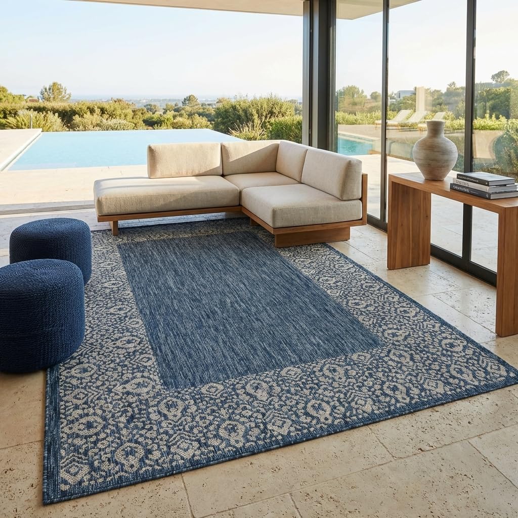 Unique Loom Outdoor Border Collection Area Rug - Floral Border (5' 1" x 8' Rectangle, Blue/ Ivory)