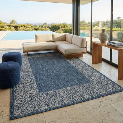 Unique Loom Outdoor Border Collection Area Rug - Floral Border (5' 1" x 8' Rectangle, Blue/ Ivory)