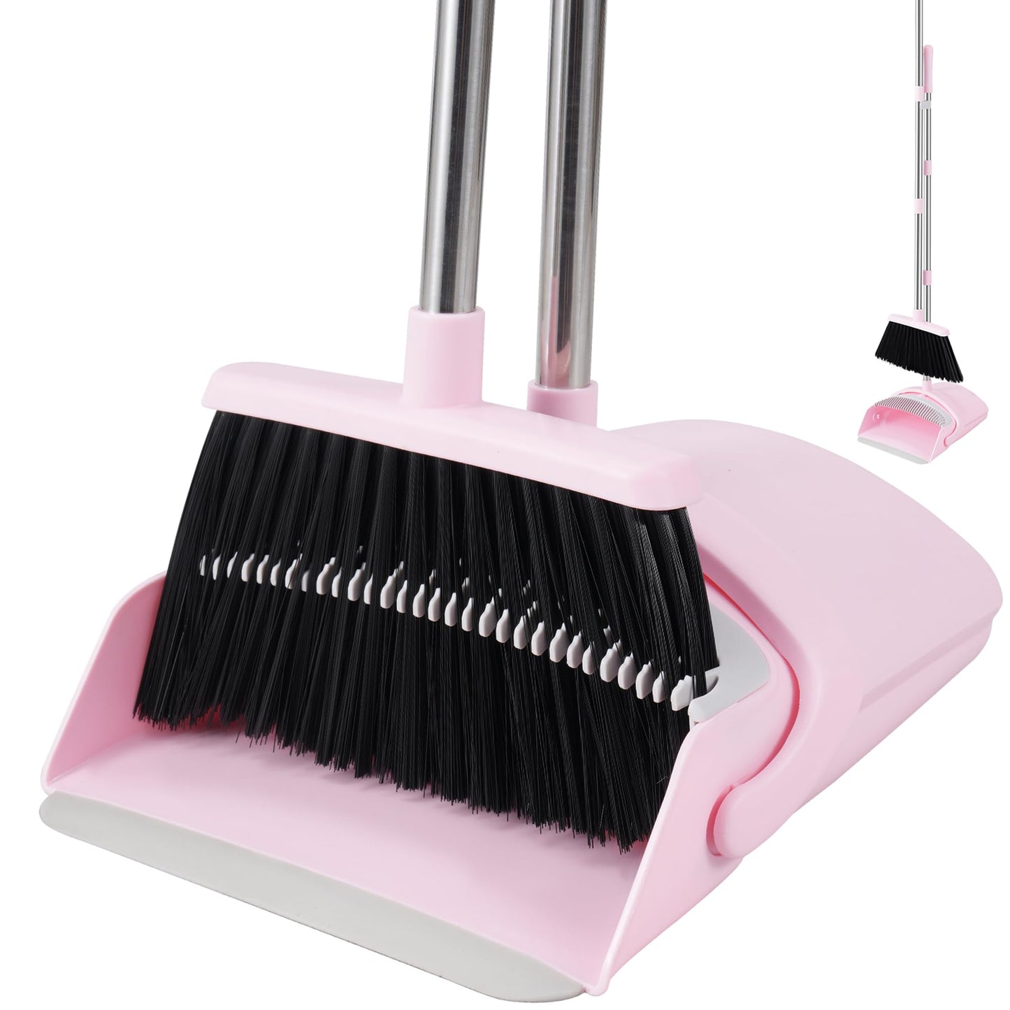 BSKLIN Broom and Dustpan Set for Home, 52” Long Handle Broom with Dustpan Combo Set with Dust Pan Teeth to Clean Hair Sweeping Set for Kitchen Hardwood Floors Pet Hair (Pink)
