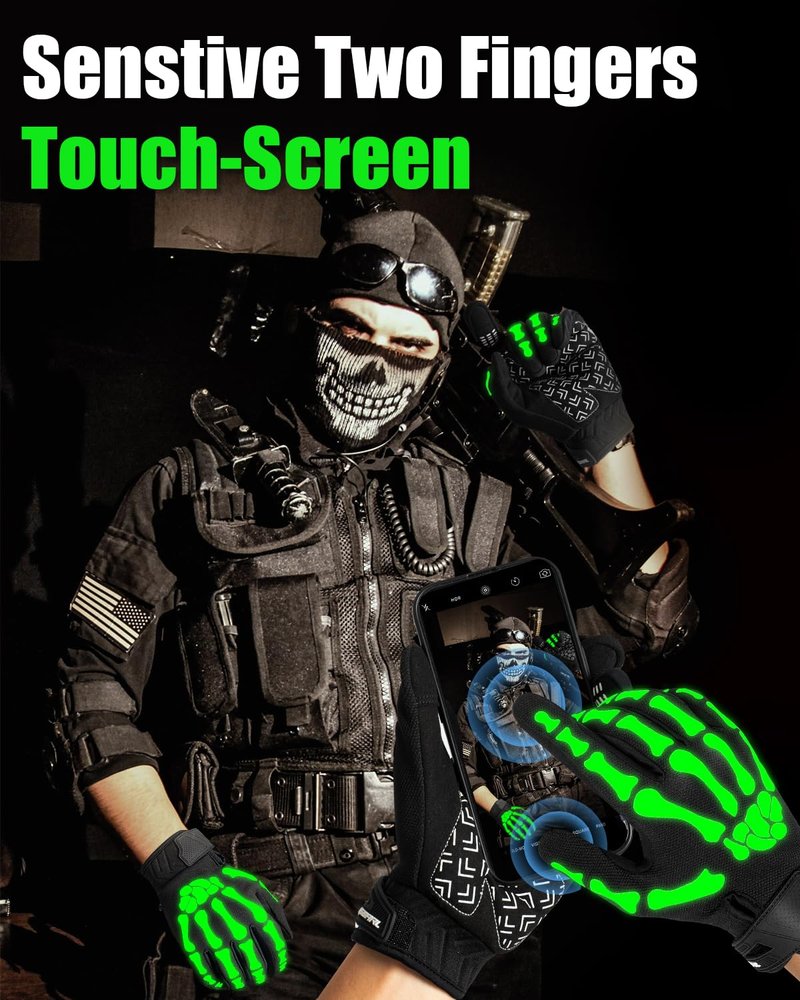 RIGWARL Motorcycle Gloves for Men and Women, Breathable Dirt Bike Gloves with Non-Slip Palm, Skeleton Motorcycle Riding Glove Glow in the Dark(White, L)