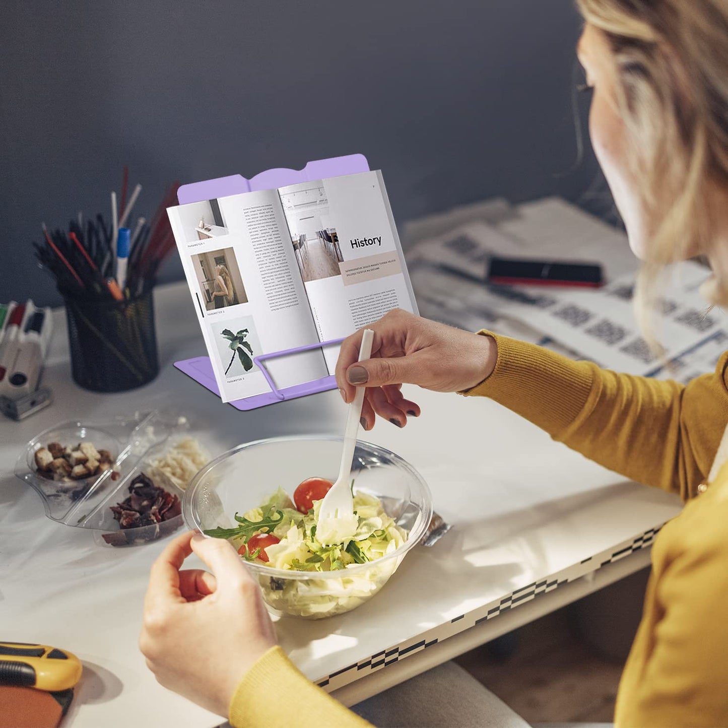 Honagu Metal Desk Book Holder, Hands Free Adjustable Cookbook & Document Holder, Portable Bookstand for Music Books, Textbooks, Recipes, Tablets & iPads (Purple)