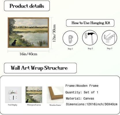 Framed Vintage Hunting Black Dog Wall Art, Rustic Country Nature Landscape Pictures Wall Decor, Farmhouse Animal Paintings Canvas Prints Aesthetic Home Decor for Living Room Bedroom 12x16 inch