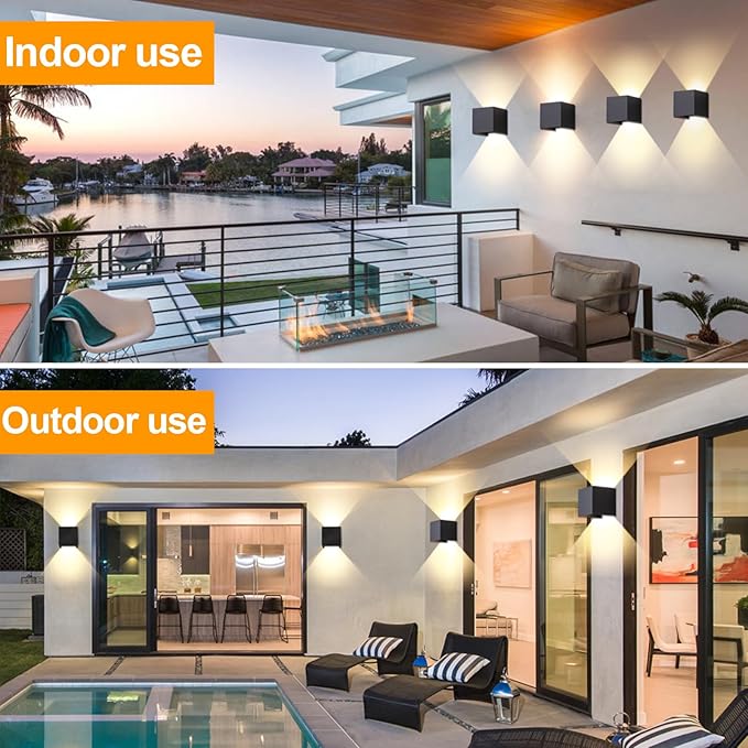 2 Pack LED Outdoor Wall Sconces Exterior/Interior,Modern Square Aluminum Wall Light Fixture Set,Variable Beam IP65 Waterproof Lights, 12W Warm Light 3000K Up and Down Wall Lighting Fixtures.