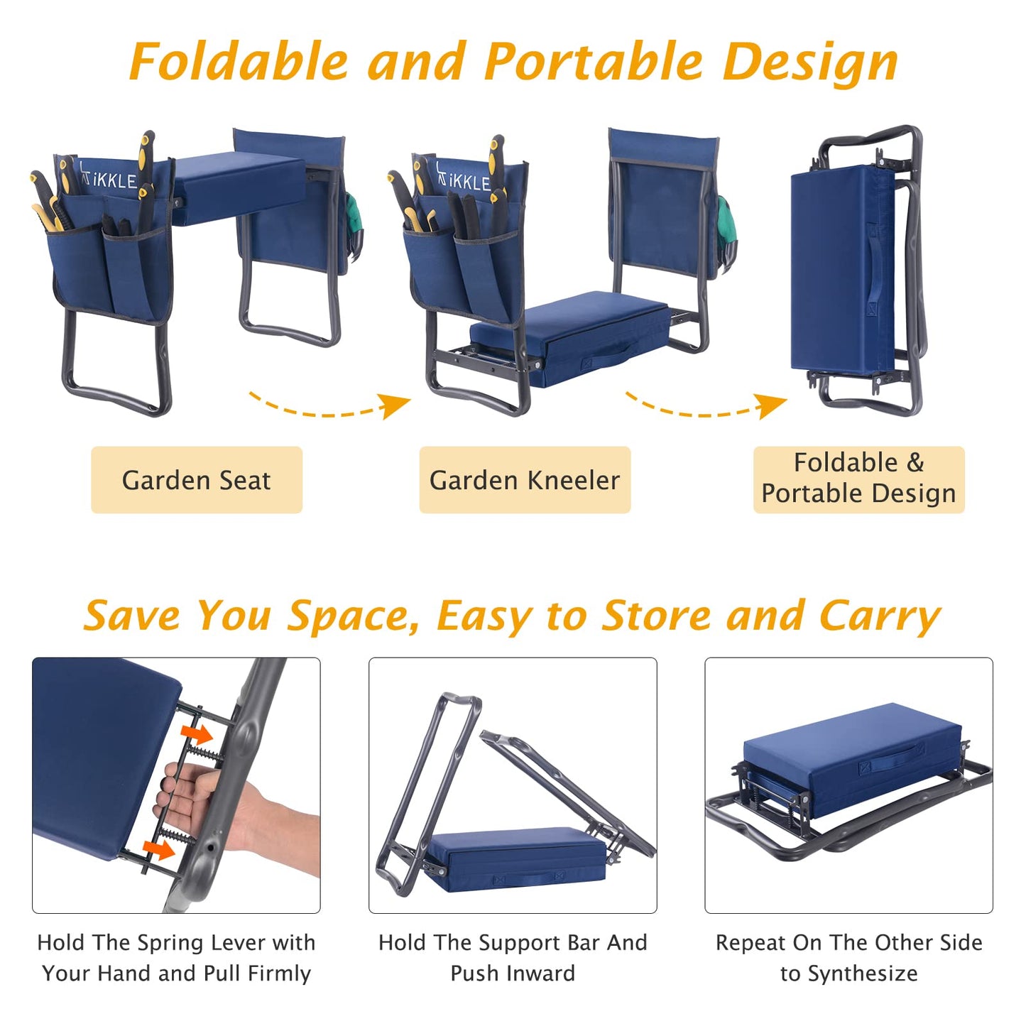 Patented Garden Kneeler and Seat Heavy Duty, Upgraded Garden Bench with Thicker Wider Soft Detachable Kneeling Pad, with 2 Tool Store Pouches, Nice for Mother Father Gardeners