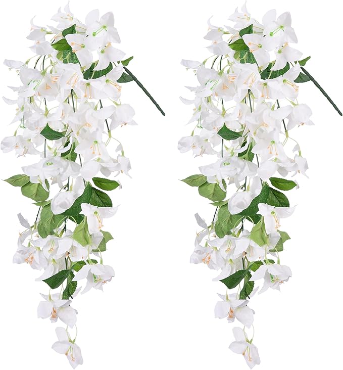 2PCS Bougainvillea Artificial Hanging Flowers Plants for Outdoors Outside Fall Decoration, Faux Silk Flowers Fake Vines UV Resistant Look Real Realistic for Front Door Porch Planter Balcony, White