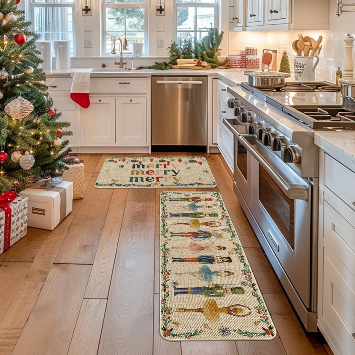 Artoid Mode Watercolor Nutcrackers Merry Christmas Decorative Kitchen Mats Set of 2, Home Party Low-Profile Kitchen Rugs - 17x29 and 17x47 Inch