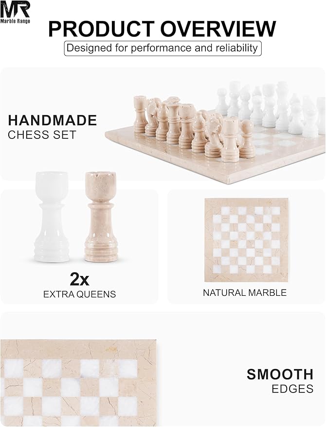 Marble Chess Set for Adults 12 Handmade Verona &amp White Board Game with 32 Chess Pieces 2 Extra Queens &amp Storage Box Luxury Travel Game Elegant for Home Decor