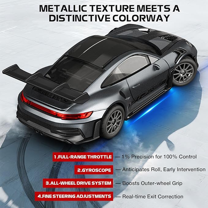 1/43 Scale RC Drift Car Mini 911 RC Model Car 2.4GHz 4WD RC Alloy Vehicles with Gyro &amp LED Lights for Adults Hobby Toys (Gray)