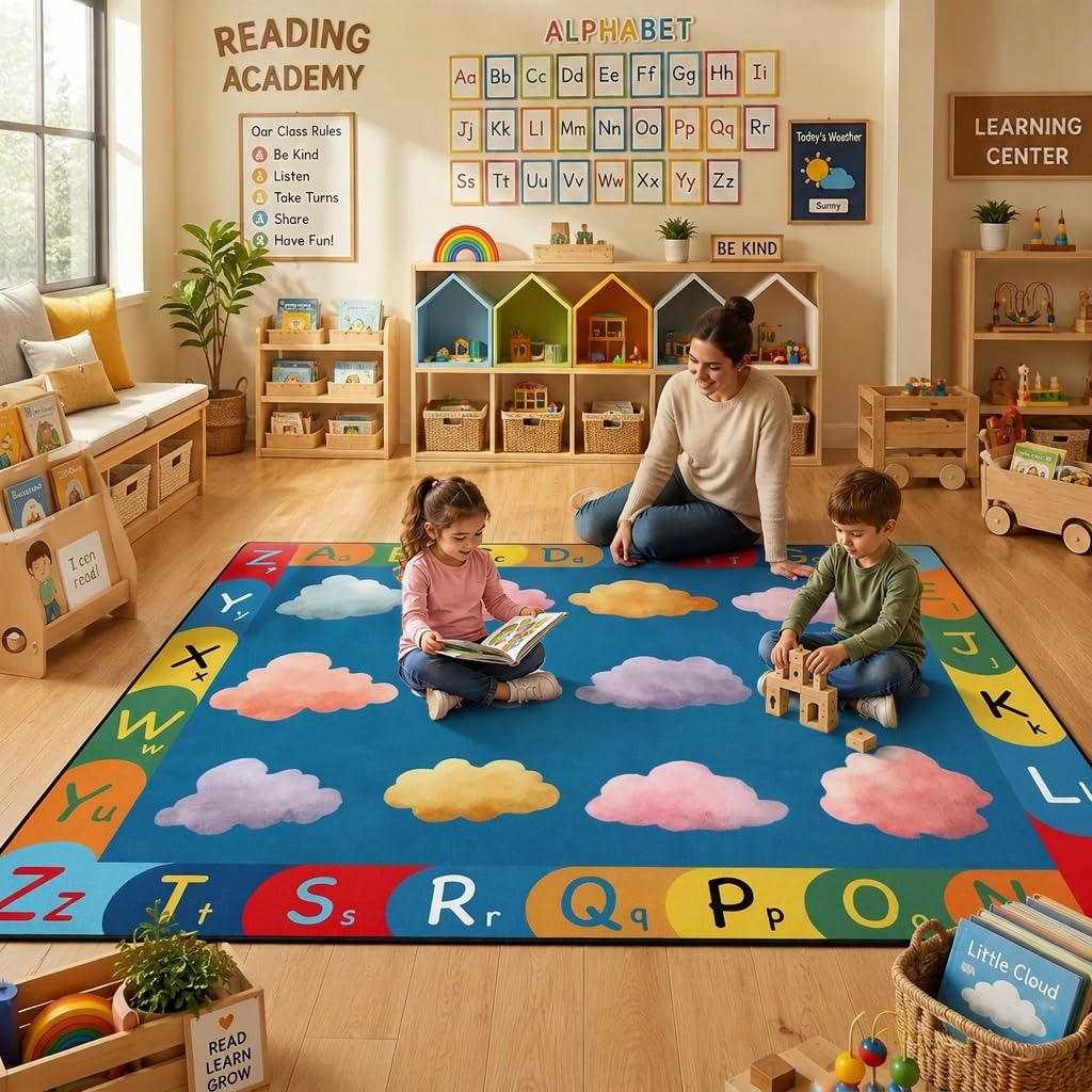 Kids Classroom Seating Rug for 12 Children, 5x7 Alphabet Circle Time Carpet, Educational Preschool Learning Rug with Colorful Cloud Seats, Non-Slip Area Rug for Daycare Playroom