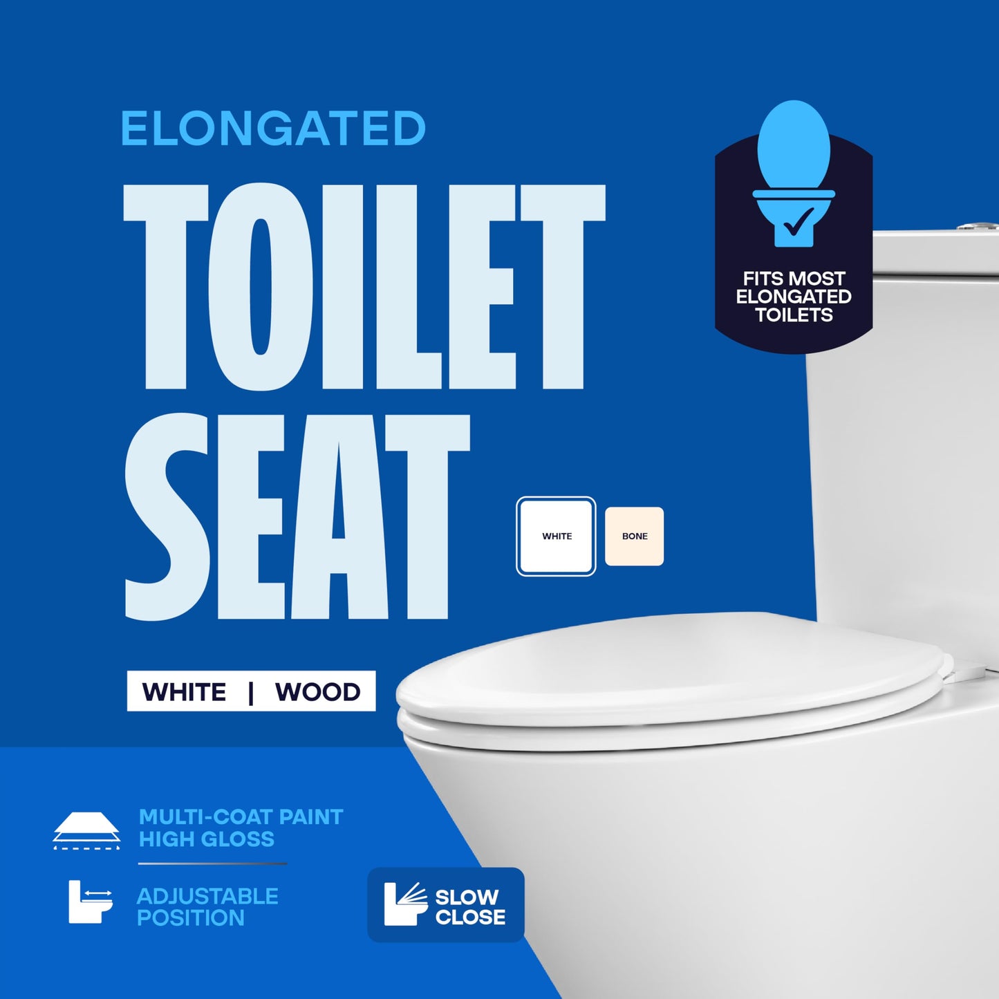 HIGHCRAFT Premium Elongated Toilet Seat with Slow-Close Design & Adjustable Hinges - Molded Wood Toilet Seat - Fits Standard Elongated Toilets - Oval Seat in White