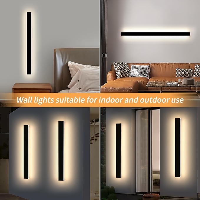 Mikeru 3CCT Dimmable Outdoor Wall Sconce 47.2" IP65 Waterproof -2Pack Modern Black Exterior Light with Remote Control, Adjustable 3000K/4500K/6000K for Porch, Patio & Commercial Spaces | Hardwired