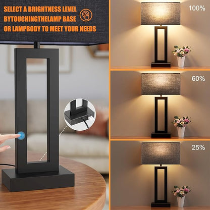 Modern 22" Tall Bedside Lamps - Touch Control, USB C+A, 3 Way Dimmable, Set of 2 (Black)