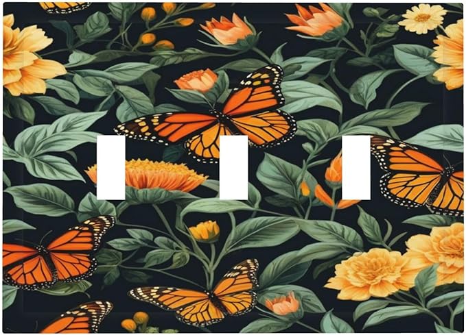 Butterflies Flower Garden Light Switch Covers 3 Gang Triple Toggle Wall Plate Decorative Switchplate Electrical Faceplate for Farmhouse Living Decor