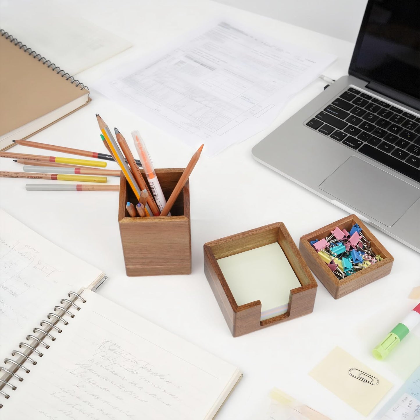 RAWILL 3 PCS Black Wooden Desk Organizer Set Pine Wood Office Desk Accessories with Pen Holder, Paperclip Storage and Sticky Note Holder, Wood Grain Clear, Ideal Gift for Office and Family