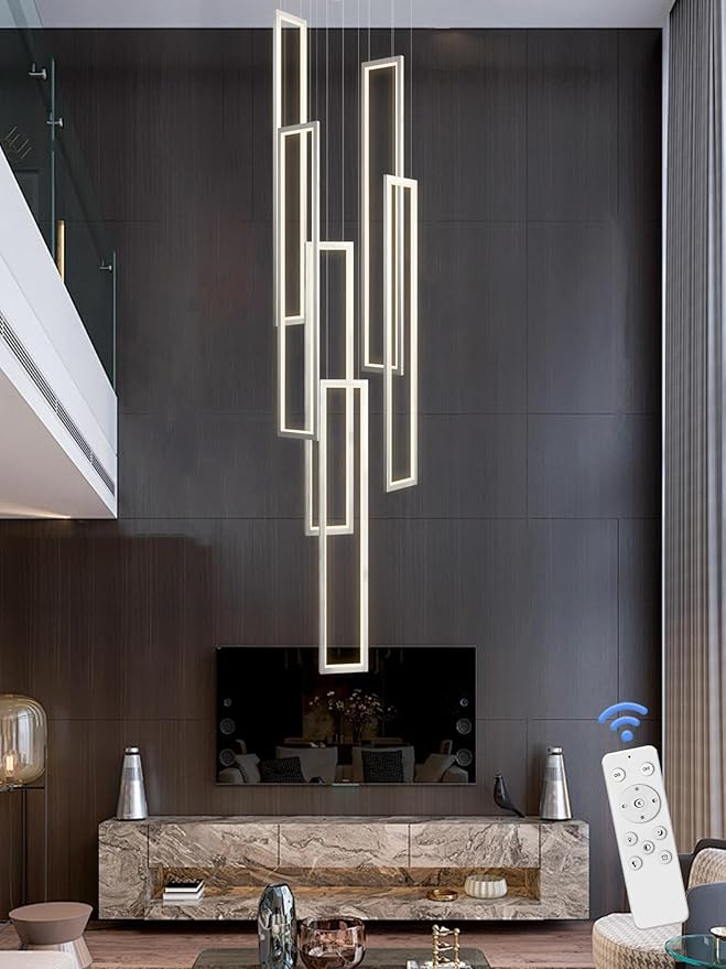 Flashing God Large Modern Chandeliers, Silver with 6 Ring Led Foyer High Ceiling Chandelier for Living Room, Rectangle for Entryway Staircase LED Dimming 2700k-6001k