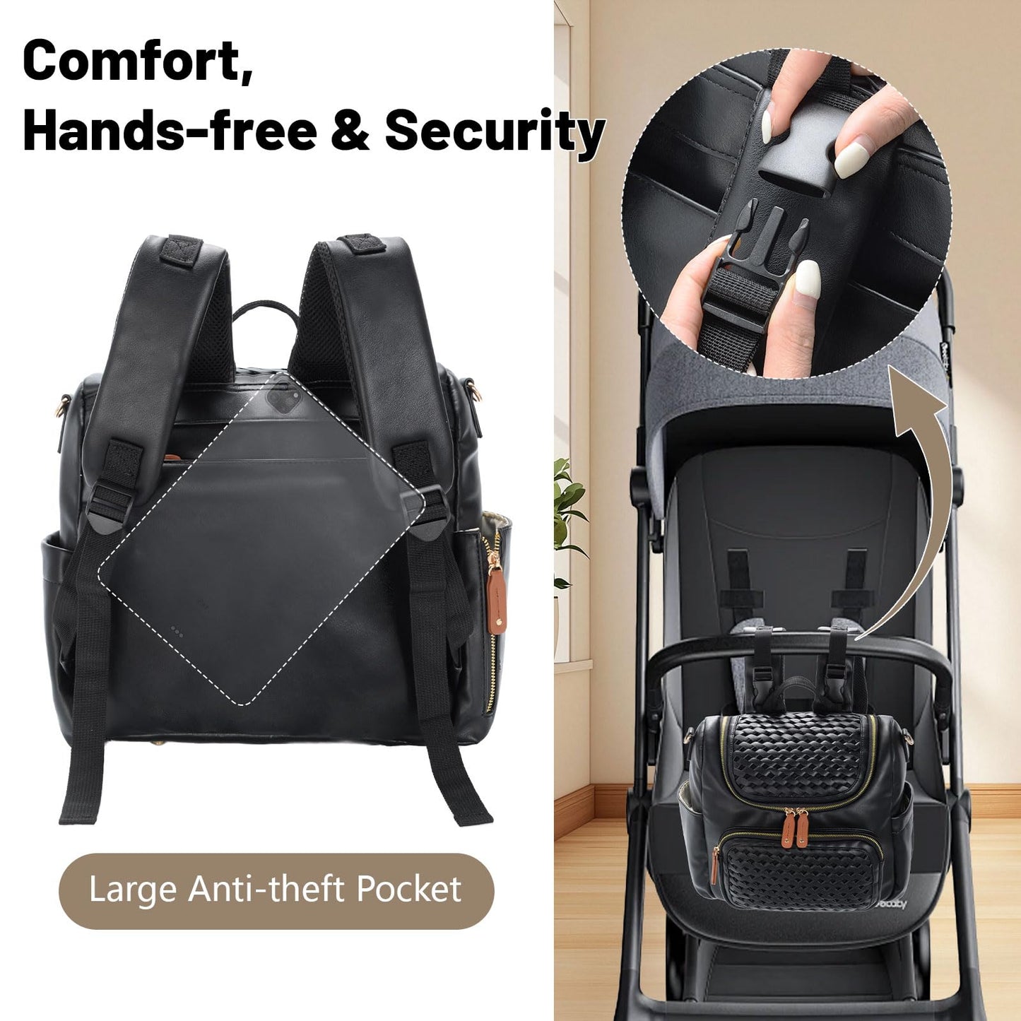 Minsong Diaper Bag Backpack, Small Diaper Backpack for Mom with Changing Station, Stylish Vegan Leather Travel Diaper Nappy Bags (Black)